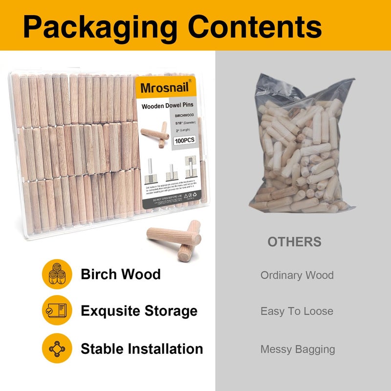 Mrosnail 100 Pcs Wooden Dowel Pins, 5/16 x 2 inch Fluted Wood Dowels Hardwood Pegs for Furniture Leg Support, Cabinet Construction, Table Assembly - Image 3
